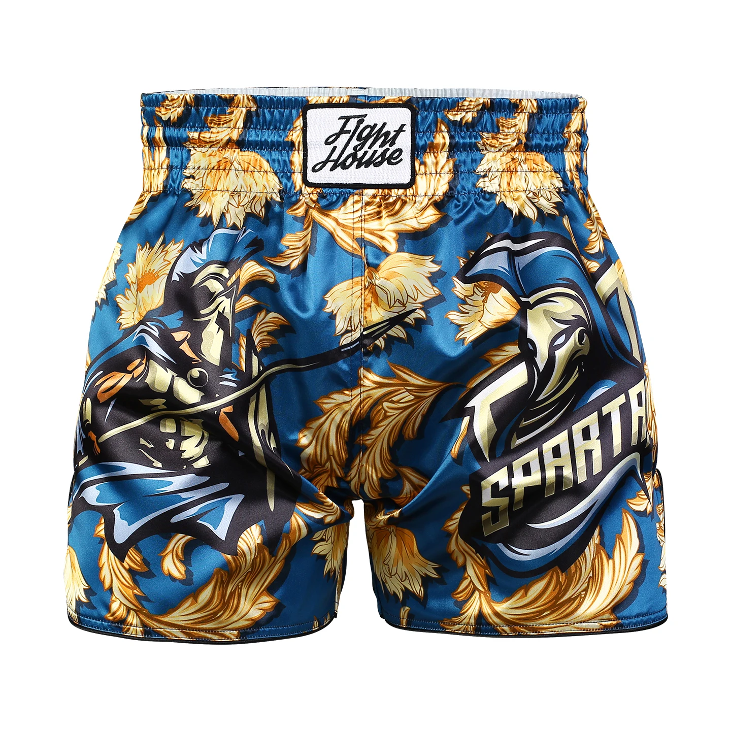 Fight House Blue Warrior Muay Thai Shorts, MMA Training Pants, Fighting Gym Training Pants, Gold Blue Contrast Boxing Pants