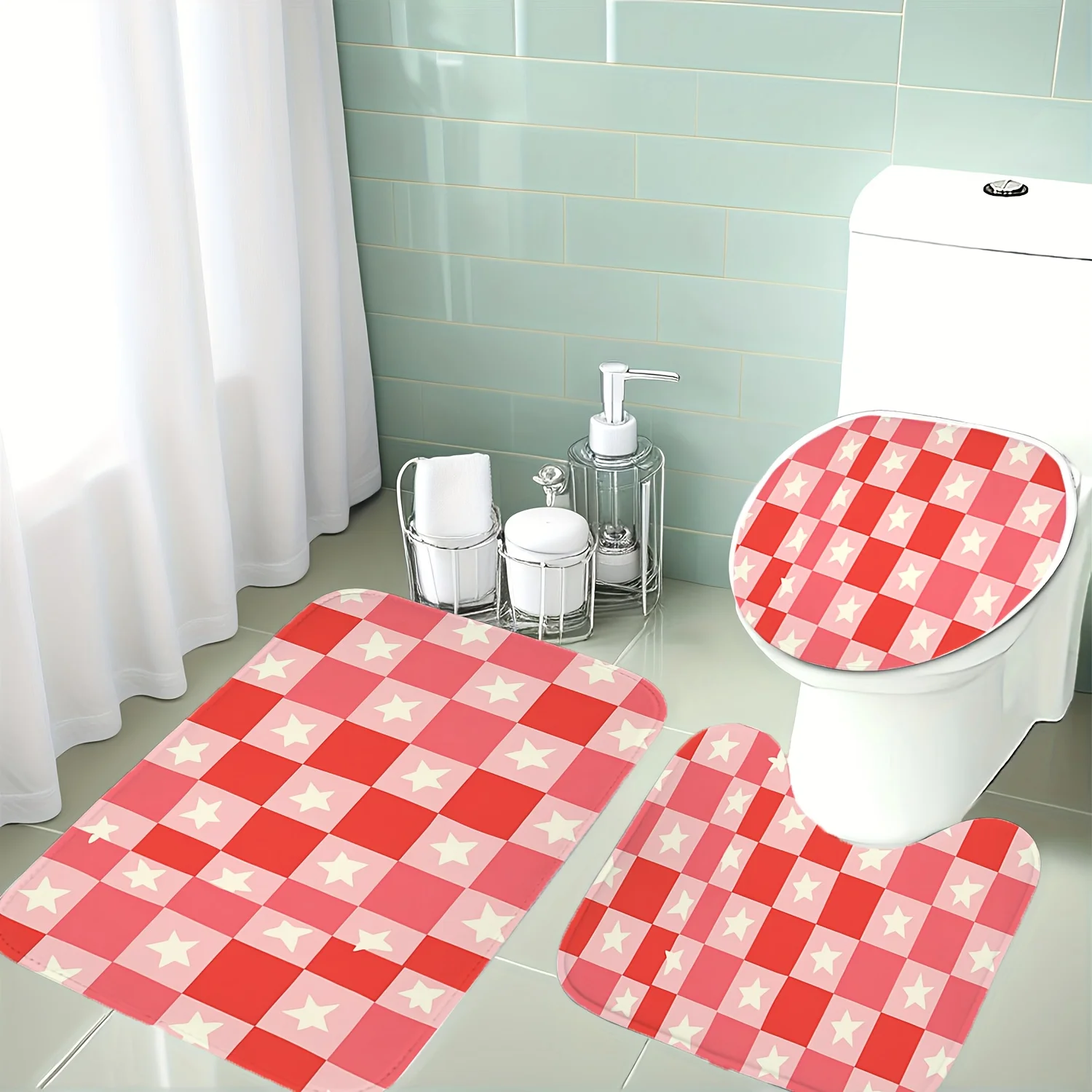 

Christmas Decoration, 3pcs Set with Red and Pink Checkered Patterns with White Stars, Sweet and Playful Style Bathroom Mat Set