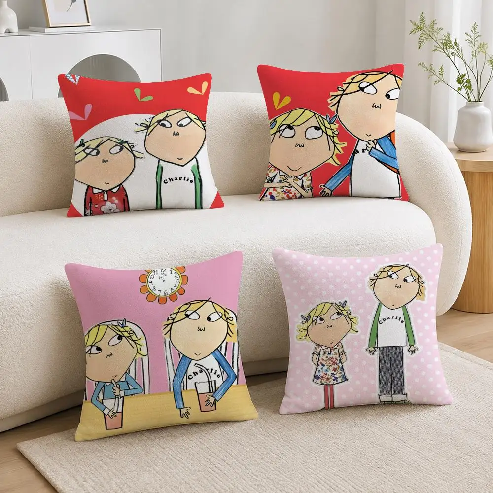 Cartoon Charlie and Lola Cushion Cover Soft Plush Cushion Covers Fluffy Throw Pillow Cases for Sofa Bedroom Home Decor