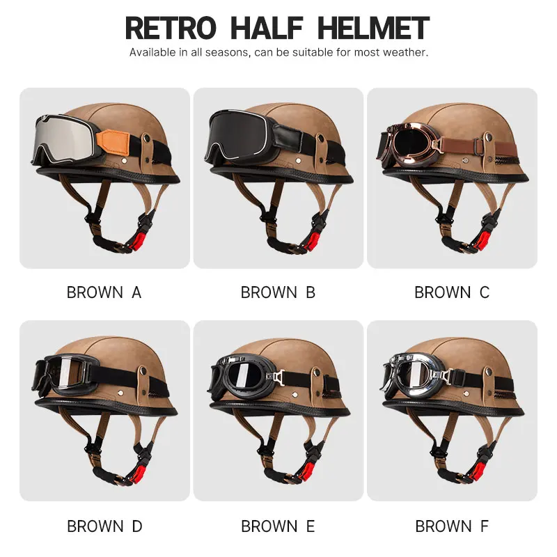 Retro Half Face Helmet Leather Low Profile Motorcycle Helmets Vintage 1/2 Open Face Moto Cascos Para Motos Adult Men Women DOT