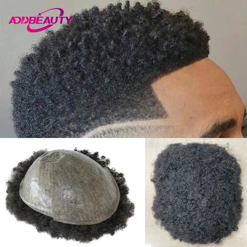 

4mm Wave Afro Human Hair Wigs for Men Thin Skin Curly Male Toupee Human Hair PU 0.14cm Man's Wigs Capillary With Knots Natural