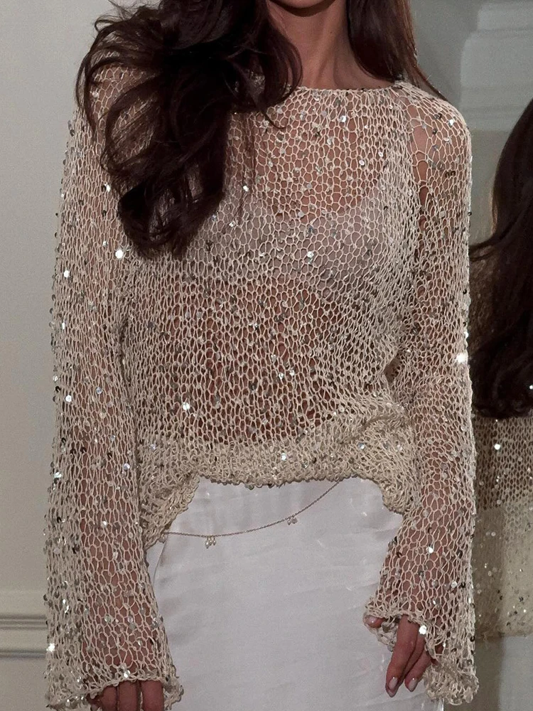 

Модный полупрозрачный пуловер с круглым вырезом, женские весенне-летние рубашки с вырезами и вставками, шикарные женские блузки с длинным рукавом 2026