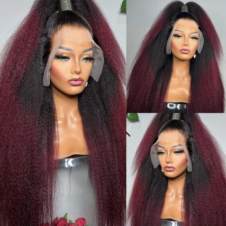 

26”Long Ombre Burgundy Yaki 99j Natural Hairline Kinky Straight 180Density Lace Front Wig For Black Women Baby Hair Preplucked