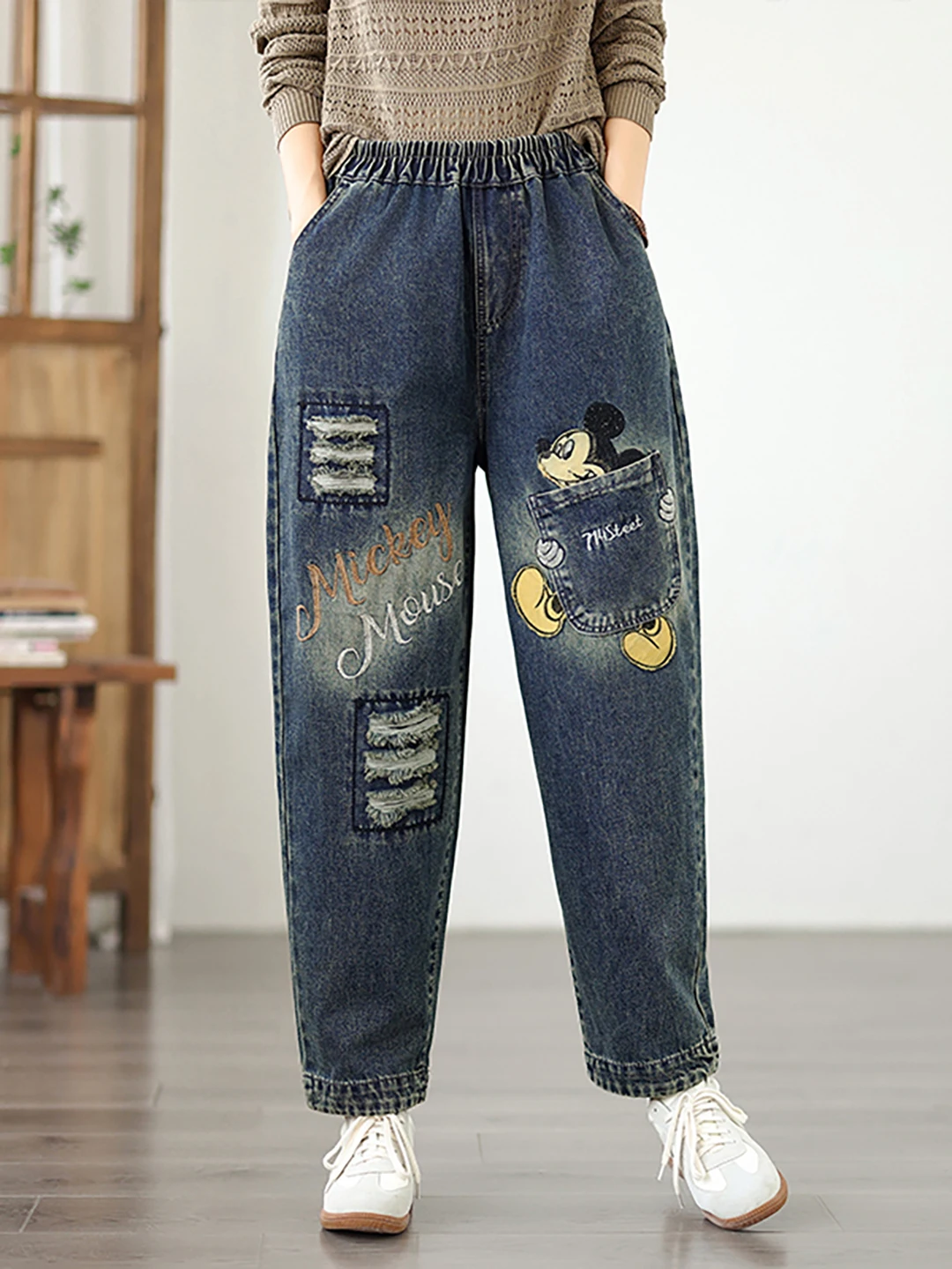 

Модные джинсовые джинсы большого размера с вышивкой, повседневные брюки с высокой талией и девятью очками для папы, брюки Харлан для женщин, осенняя одежда