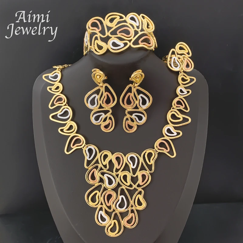 Pattern 18K Gold Plated Colorful 4Pcs Jewelry Set for Chunky Women Necklace Earring Bracelet Ring Bridal Wedding Party Gifts