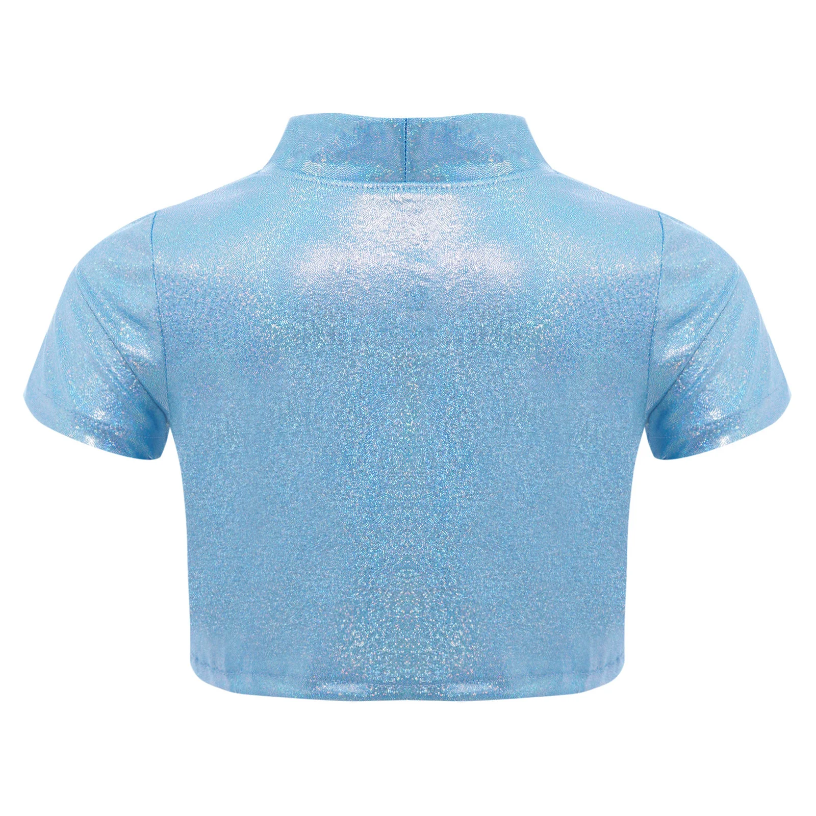 Girls Shirt Lace-up Collar Short Sleeves Metallic T-shirt Dance Crop Top for Cheerleading Jazz Dance Stage Performance Party