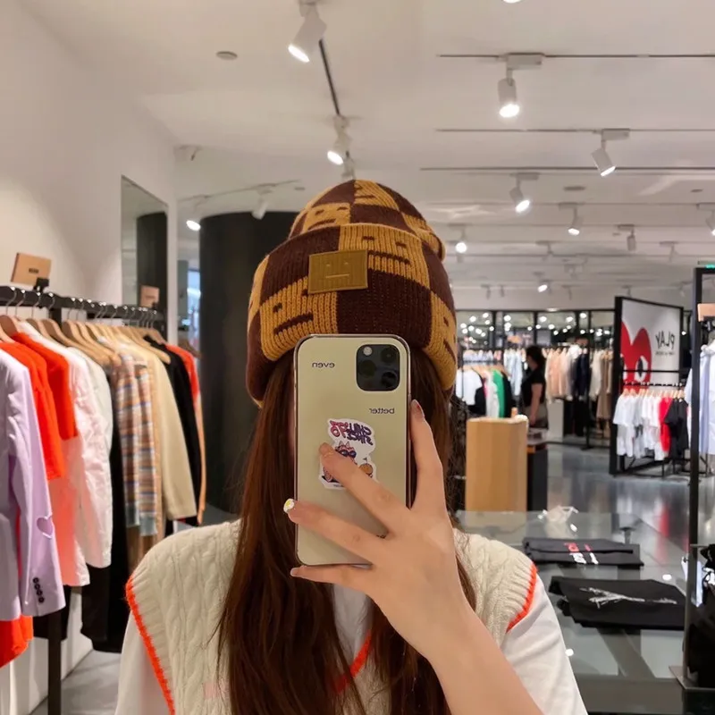 Women and Men Embroidery Patch Knit Fisherman Hat Fashion Plaid Color Contrast Winter Keep Warm Cap 2022 New