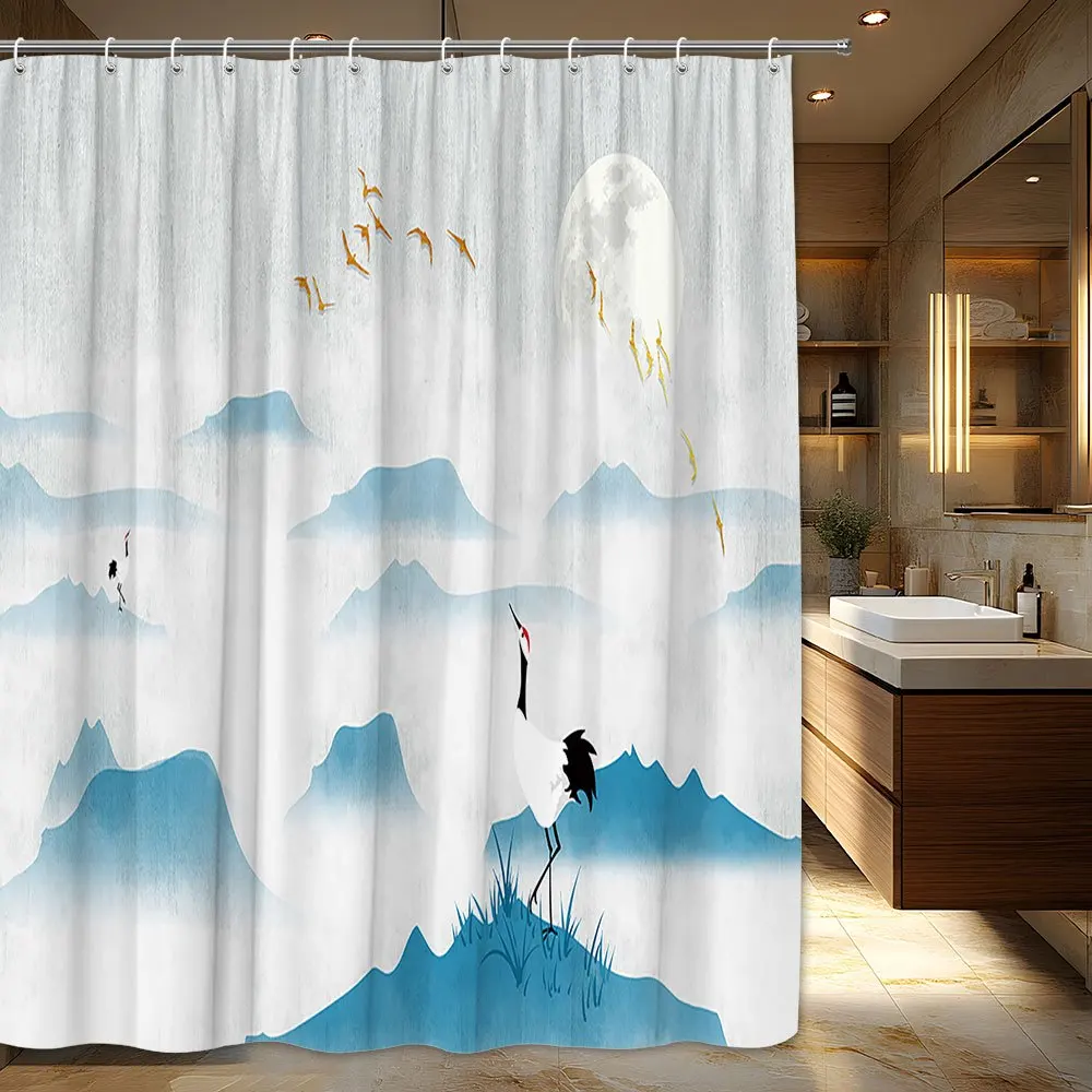 

Featuring a crane and moon design, the shower curtain depicts a peaceful mountain view print bathroom decorative shower curtain