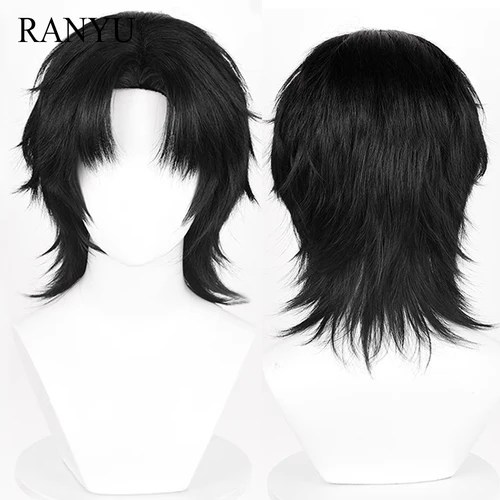 Peluca sintética negra recta corta, parte media, juego de Anime, Cosplay, peluca esponjosa resistente al calor para fiesta diaria