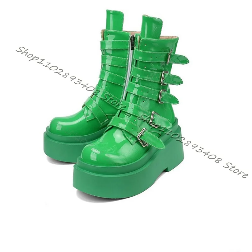 

Green Belt Buckle Ankle Boots Patent Leather Round Toe Women Shoes Casual Shoes Women New Fashion Boots 2023 Zapatos Para Mujere