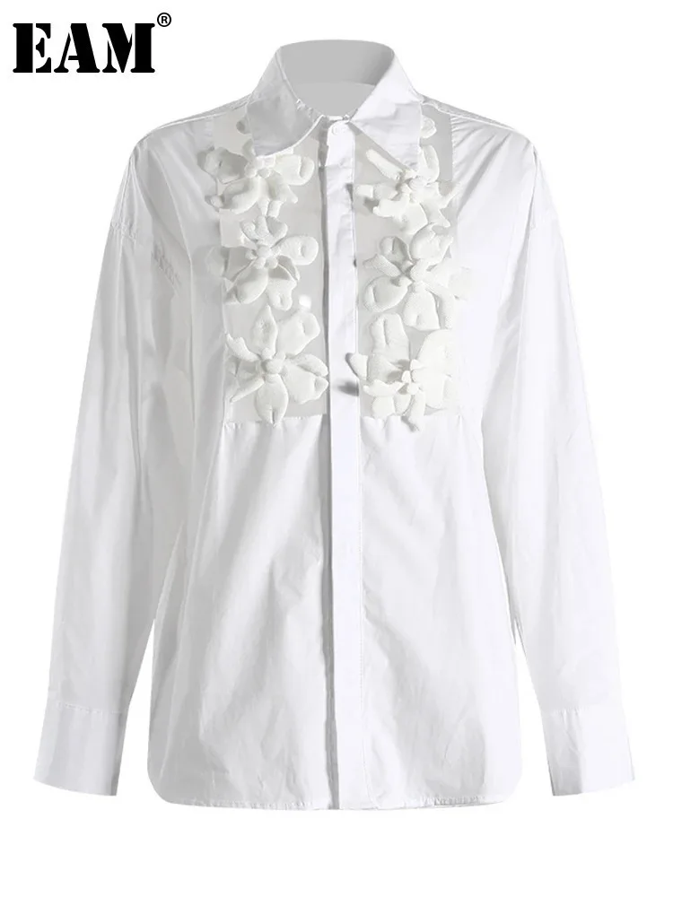 

[EAM] Women White Flower Hollow Out Big Size Elegant Blouse New Lapel Long Sleeve Shirt Fashion Tide Spring Autumn 2024 7AB4529