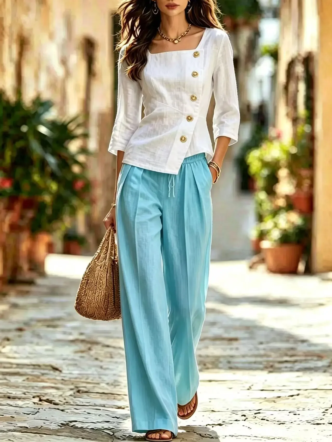 Greenora Woman Color BLocking 2 Piece Outfit Square Neck 3/4 Sleeve Button Blouse High Waist Green Wide Leg Pants Casual Office