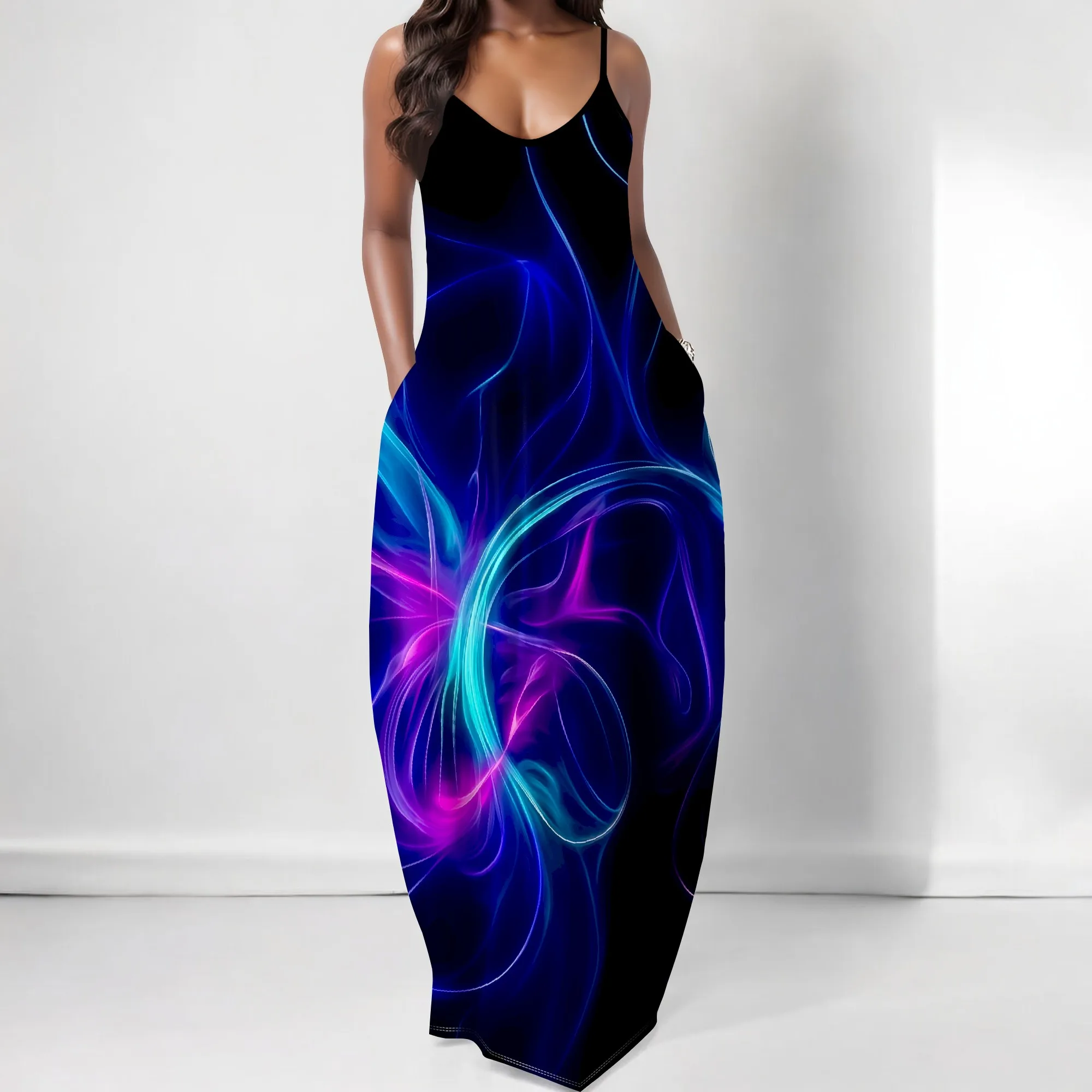 

Neon Abstract Print Maxi Dress S-3XL Spaghetti Strap Loose Fit Style with Pockets for Music Festival, Pride or Night Street Look