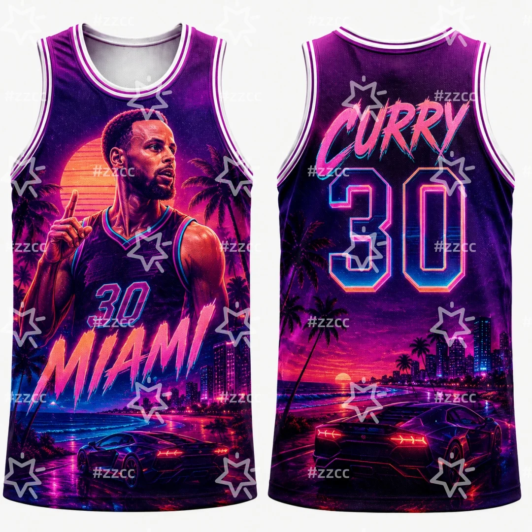 2026 Curry #30 Basketball Jersey Retro Open World Crime City Print Men 90s Florida Neon Street Style Basketball Fan Casual Vest