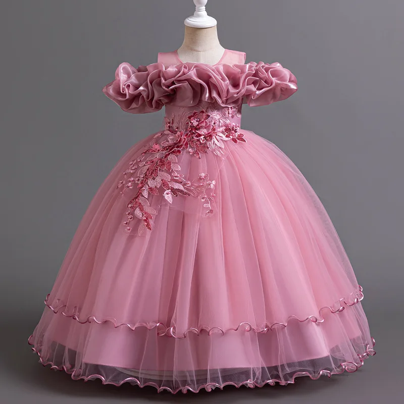 Eid New Elegant Girl Party Dress Long Wedding Bridesmaid Dress 4-13 Year Old Mesh Embroidered Graduation Ball Evening Dress