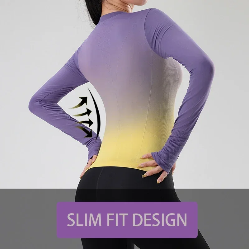 Aiithuug Gradiented Color Gym Tops Yoga Long Sleeve Workout Waist Slim gradient ramp Tops with Tumb Hole Slim Running Jogging