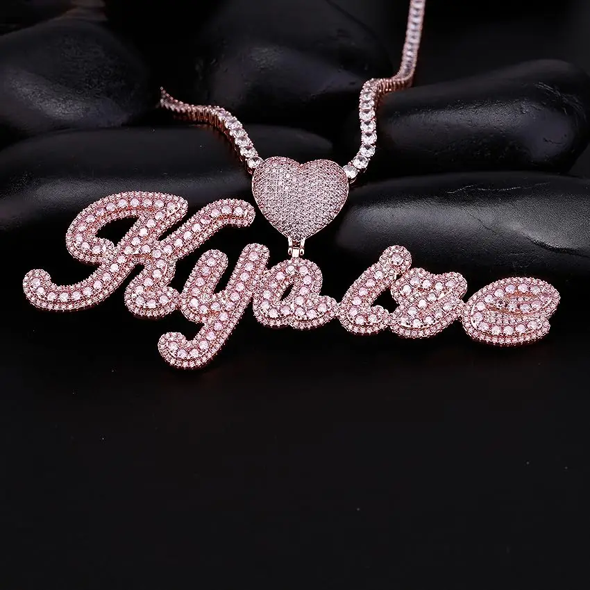 THE BLING KING Heart Bail Custom Brush Script Bubble Letter Two Tone Pendant Micro Paved CZ Personalized Necklace Hiphop Jewelry