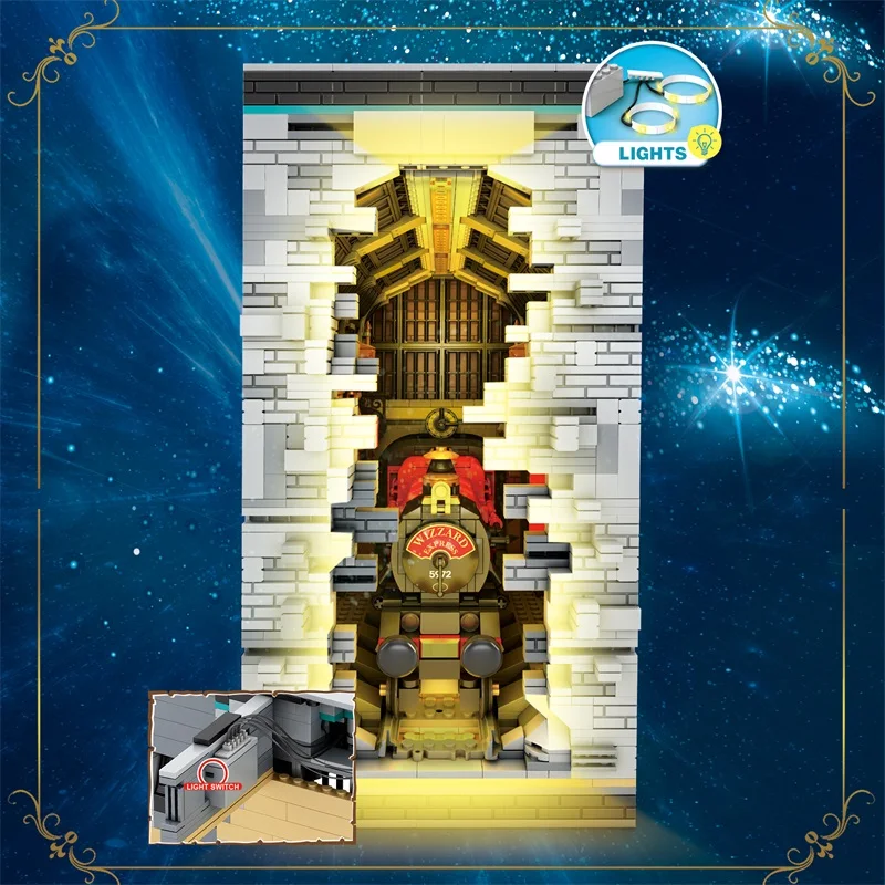 2795PCS Train Station Magic Bookend MOC Model Building Blocks Creative Street View Assembly Bricks Set With Light Kids Toys Gift