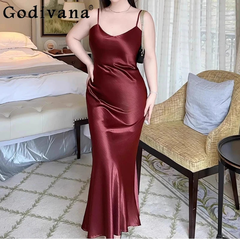 

Большой размер XL-4XL, элегантное атласное сексуальное платье с v-образным вырезом для отдыха, длинное платье на подтяжках, летние новые темпераментные вечерние платья без рукавов для девочек