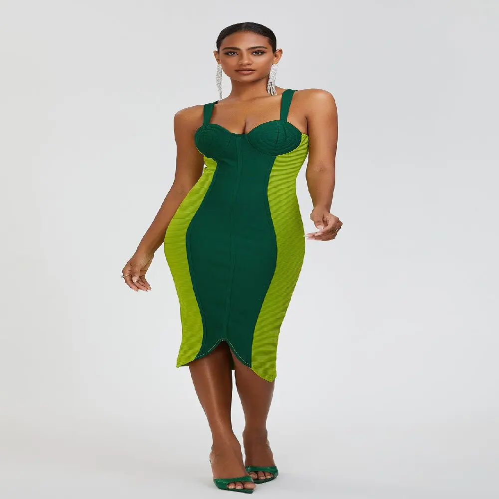 

Fashion Bandage Dress For Women Winter New Green Patchwork Sling Dress Elegant Slim Evening Party Clothing Chic Celebrity Wear