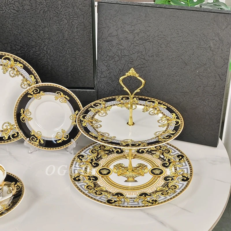 

High End Light Luxury Bone China Tableware Set Western Plate Cup Saucer String Plate Elegant Dinnerware Premium Gift Box