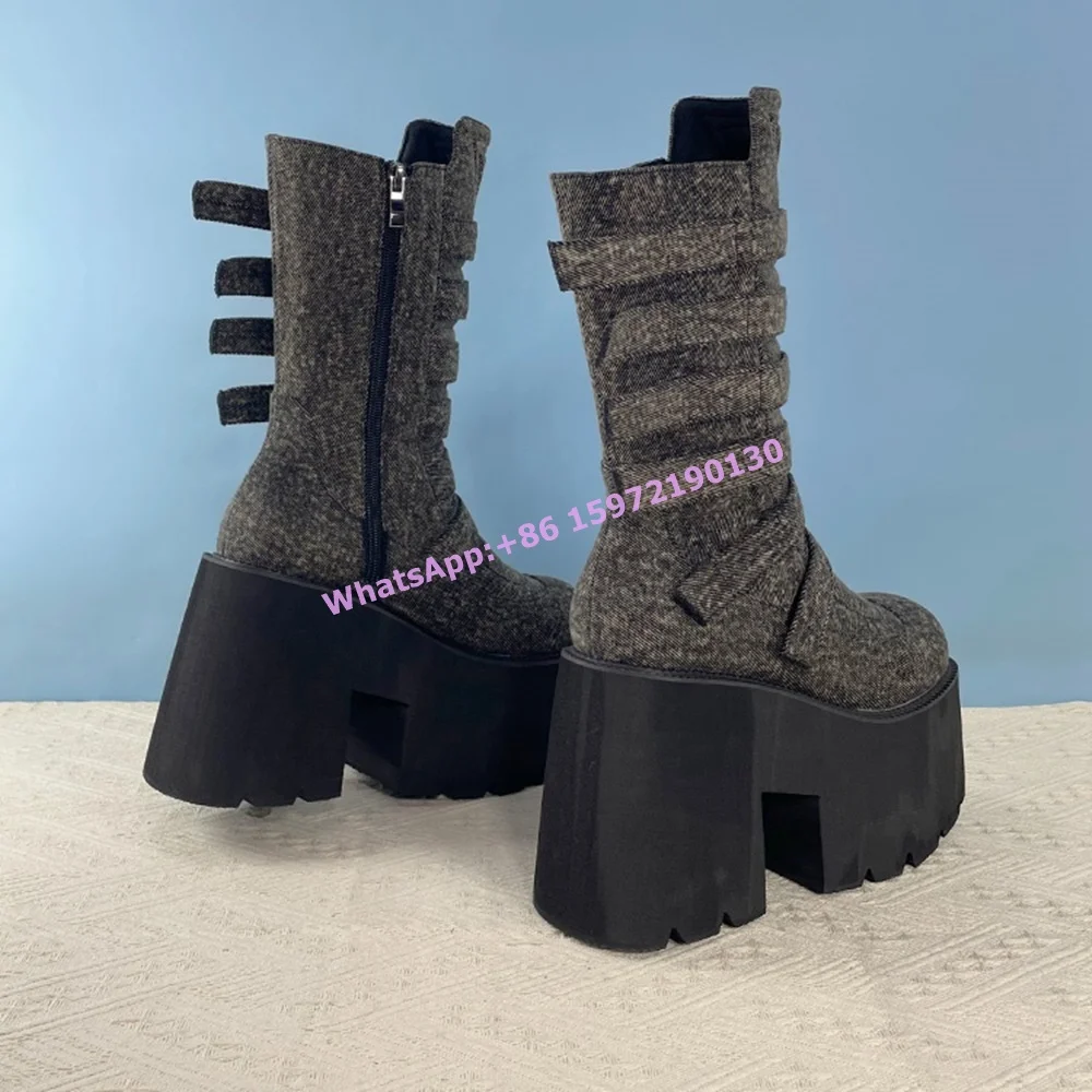 Retro Thick Soled Mid Calf Boots Square Toe Chunky Heels Side Zipper Sewing Short Boots Buckle Belt Women's Concise Boots