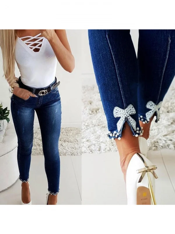 

Облегающие женские джинсы с клейким цветком, украшенные бисером, с разрезом до щиколотки, брюки-карандаш, Urban Sle с низкой талией, длинные...