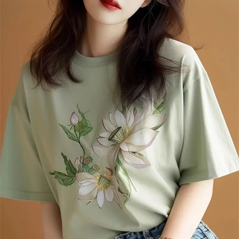 Pure Cotton Summer Retro Trendy Personalized Printed Short-sleeved T-shirt for Women Casual Simple Temperament Versatile Top