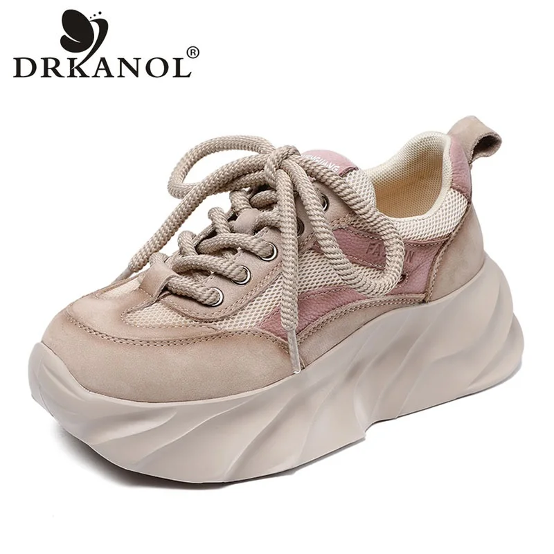 

DRKANOL 2025 Women Mixed Colors Genuine Leather Casual Sneakers Lace-Up Air Mesh Thick Sole Wedges College Style Platform Shoes
