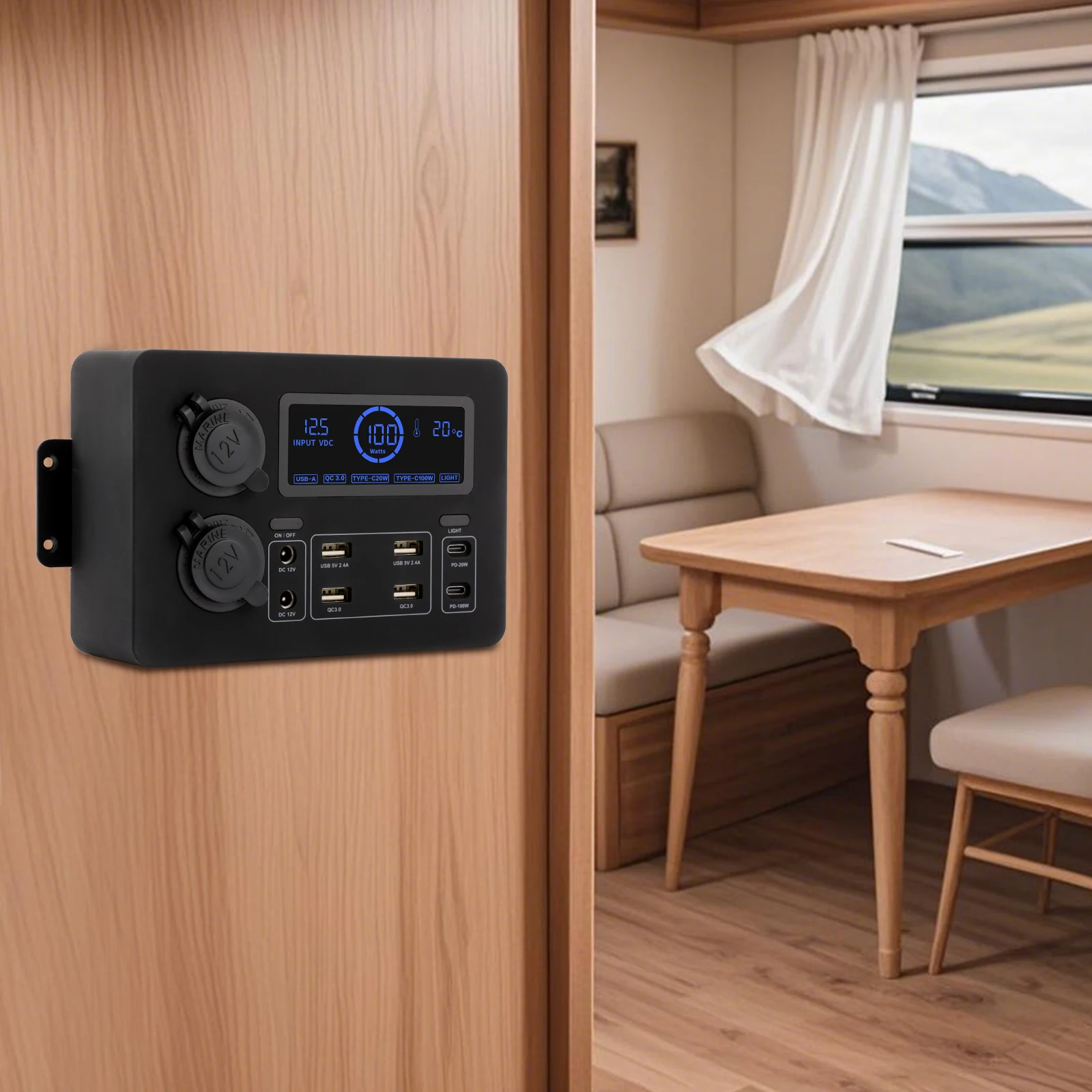 Power Box with USB DC12V PD Outlets RV Mini Power Distribution Box Multifunctional