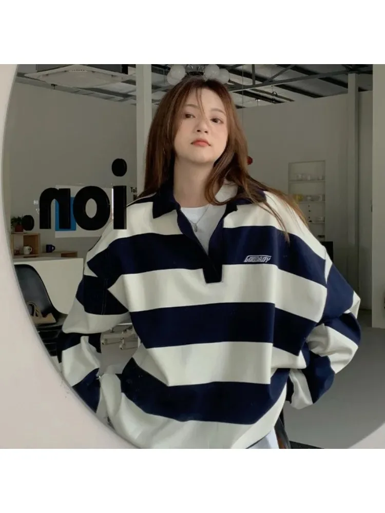 Korean New Pattern Style Pullover Female Fashion Polo Sweatshirt Ladies Casual Long Sleeve Top Harajuku Striped Sweatshirt Women