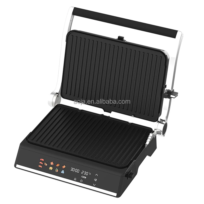 1800W Electric Grill Stainless Steel Smokeless One-Click Preset Functions Digital Display Lock Device Floating Hinge Auto
