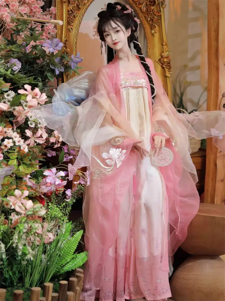 

Новый женский древний костюм Hanfu Guofeng, рубашка с большими рукавами и вышивкой, сказочная юбка длиной до груди, карнавальный костюм на Хэллоуин