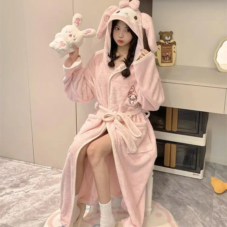 

Sanrio Kuromi Cinnamoroll My Melody Pudding Dog Hooded Bathrobe Women Girl Coral Flannel Thickened Cute Cartoon Sleeprobe Pajama