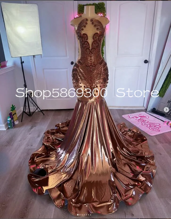 Sparkly Brown Long Mermaid Prom Dresses Black Girl Sheer Mesh Customsized Luxury Diamond Evening Birthday Gala Gown Garment