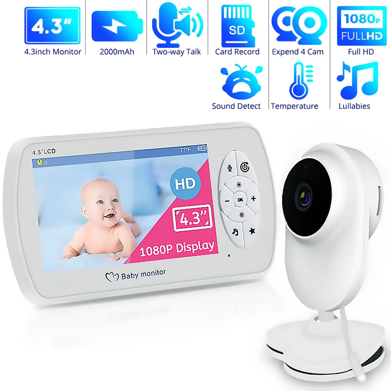 

4.3 Inch Wireless Color Baby Monitor 1080P HD Audio Video Baby Camera Temperature Monitor 2 Way Audio VOX Lullaby SD Card Record