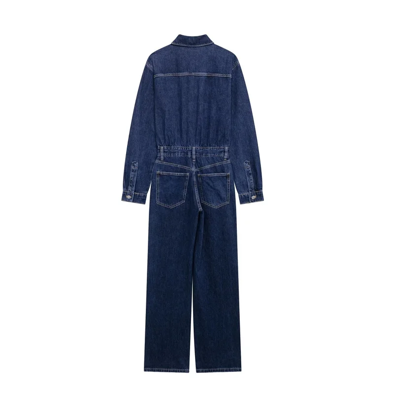 2024 Summer Fashion Women's Straight Denim Jumpsuit Button Long Sleeve Chic Pleated Slim Long Casual Classic Denim Jumpsuit