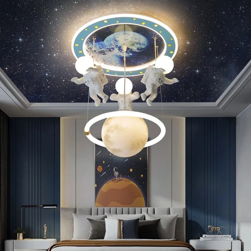 criativo astronauta led candelabro de teto lampada moderna para quarto de criancas quarto sala de estar loft decoracao interior crianca 01