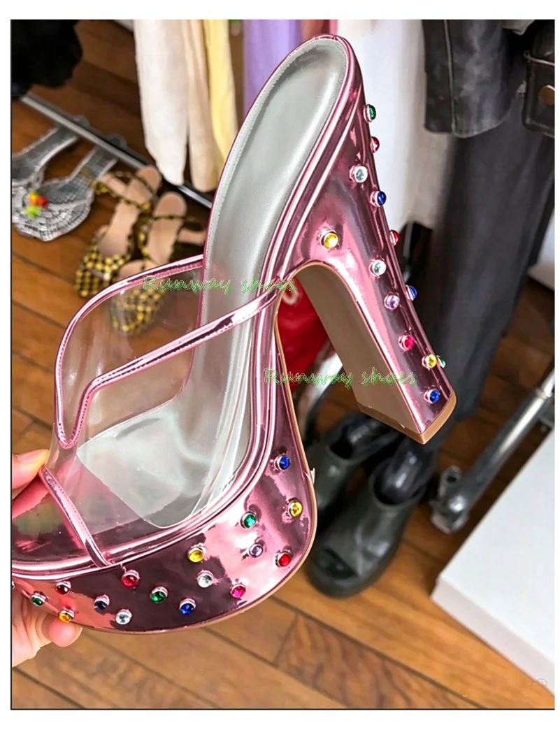Pink Mirror Finish Metal Texture Slippers Transparent Material Color Circle Rhinestone Ultra-High Platform Sole Root Shoes 2026