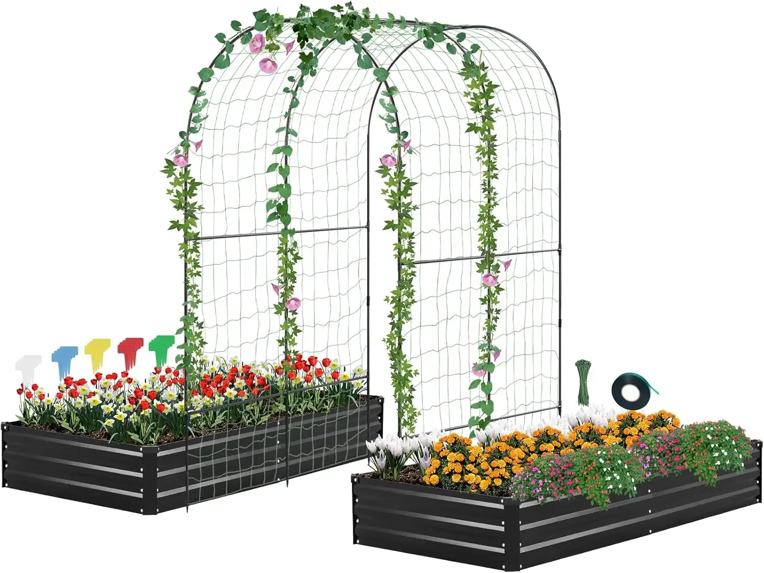 Raised Garden Bed Kit for Vegetables, Flowers, and Herbs with Metal Frame, Trellis, Plant Labels, and Plant Ties