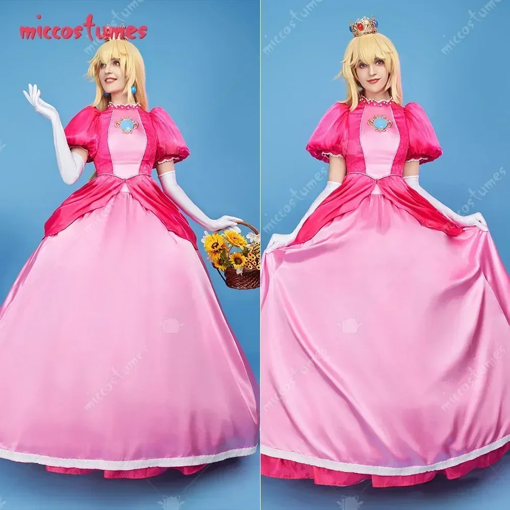 Miccostumes Women Peach Cosplay Costume Women Cosplay Pink Dress Gloves Earrings Petticoat