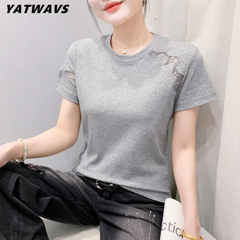 

New Arrivals Women's Chic Lace Hollow Out Design Short Sleeved T-shirt Sexy O-Neck Cotton Tees Fashion Female Loose Casual Tops