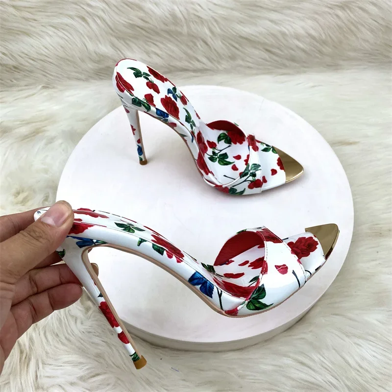 Sexy Fashionable Printed Slippers Shoes for Women's Sandals Summer Sexy Slippers Pointe Toe Thin Heels Stiletto Sandals 12cm