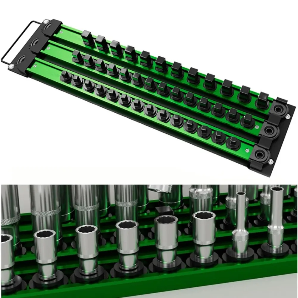 Magnetic Sleeve Storage Rack 1/4 3/8 1/2 Inch Green Hanging Storage Strip 360° Rotating Plug Plate Heavy Duty Socket Rack