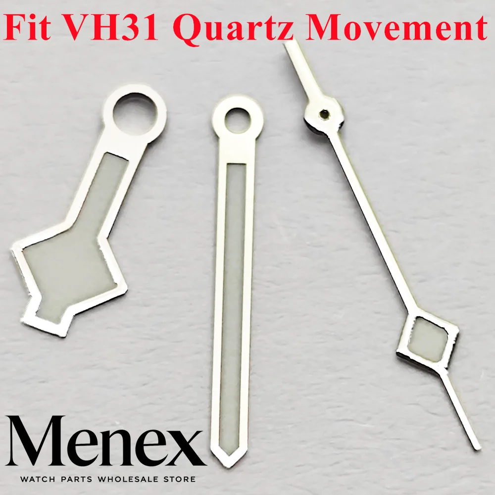 Aiguilles de montre Menex Silver Snowflake, vertes lumineuses, compatibles avec le mouvement à quartz VH31 à secondes fluotantes, pièces de rechange pour montre