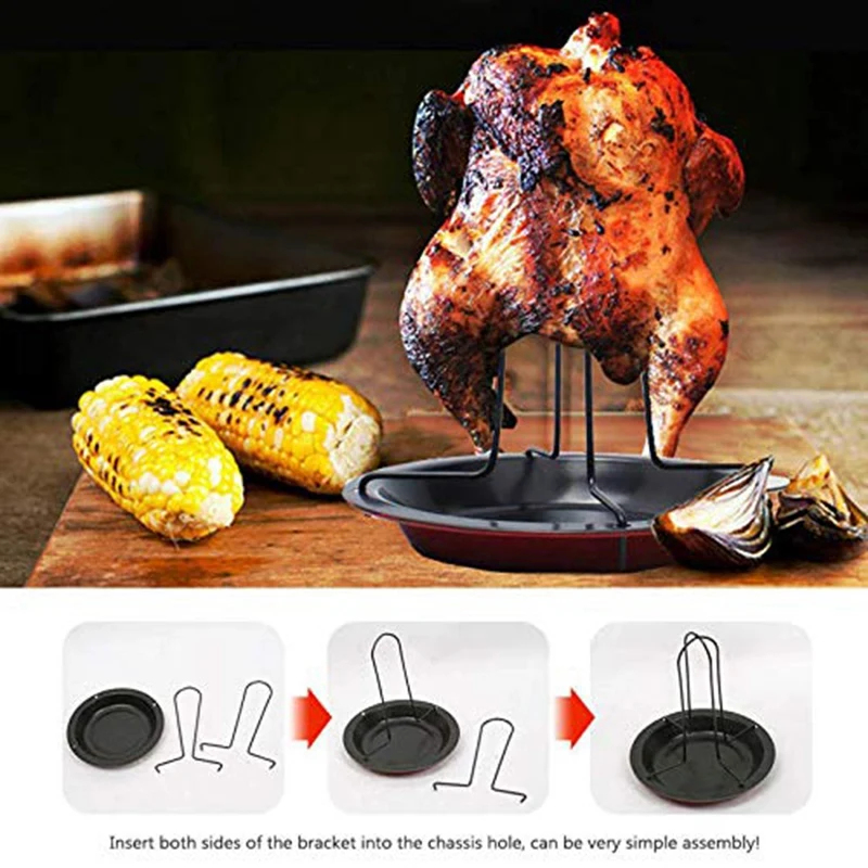 J1UL1N Chicken Roaster Rack For Oven, Grill, Or BBQ Carbon Steel Vertical Poultry Turkey Standing Holder With Bowl Great For Hom