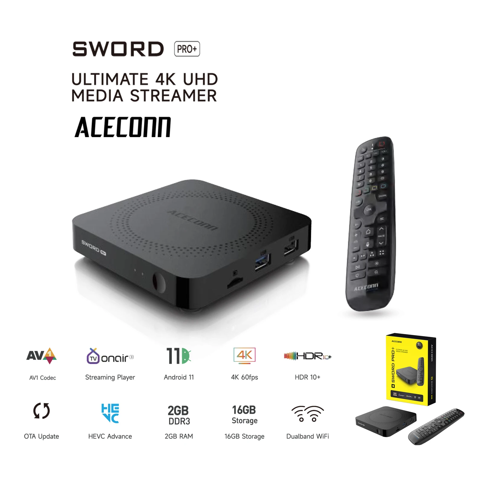 ACECONN Sword pro+ TVONAIR3 TV Box Streaming IPTV Box 2G 16GB BT Pilot Podświetlany Funkcja Lokalizacji RCU Automatyczne Nauka Klawiszy Skrótów