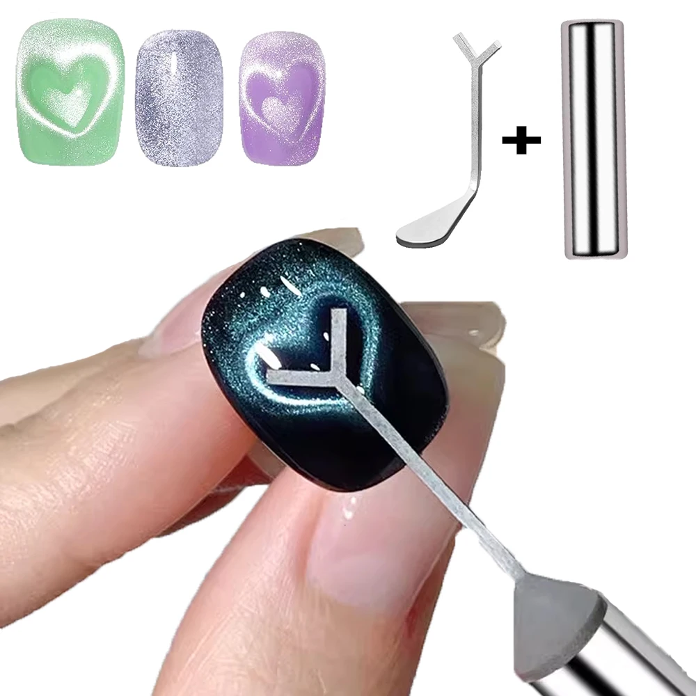 2 pçs em forma de coração olho de gato arte do prego ímã conjunto em forma de y + ímã redondo vara para olho de gato coração efeito unha gel polonês m