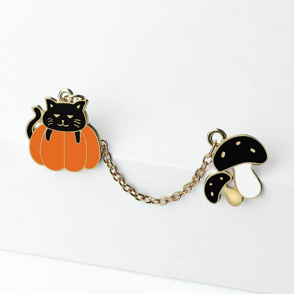 Cute Cat Lying On Pumpkin Enamel Pins Cartoon Mushroom Custom Brooches with Chain Bag Denim Lapel Badge Jewelry Gifts For Friend