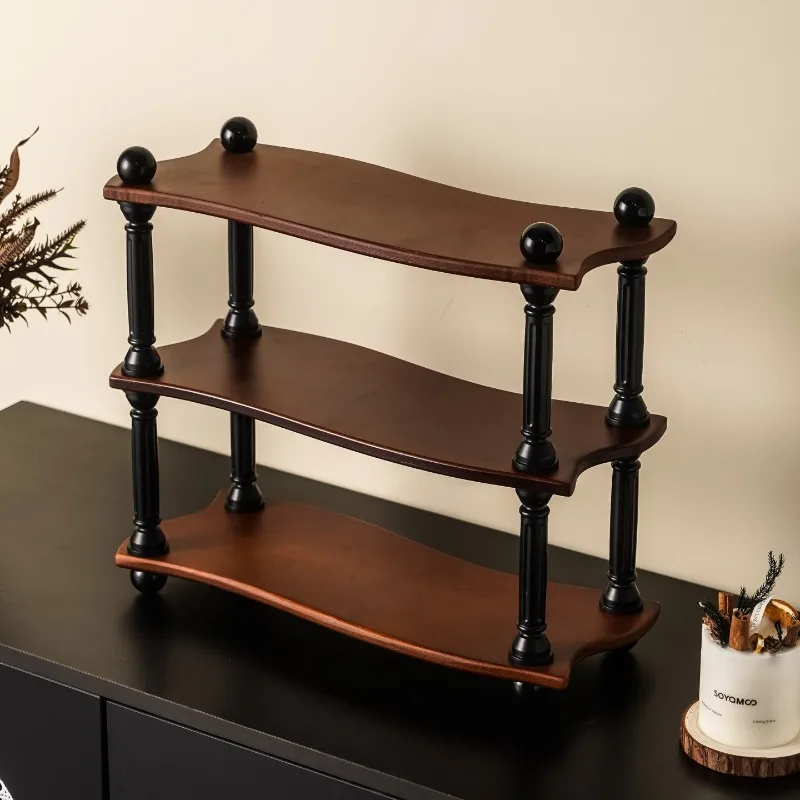 Medieval solid wood rack, three-layer cup storage rack, high-value desktop retro cup rack, ornament storage rack